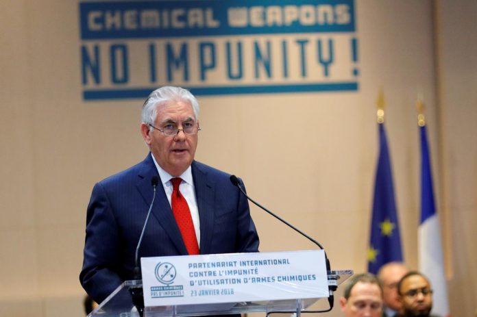 U.S. Secretary of State Rex Tillerson delivers a speech during a foreign ministers’ meeting on the International Partnership against Impunity for the Use of Chemical Weapons, in Paris